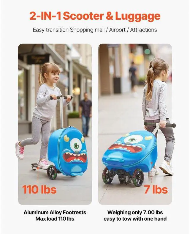 Alt view image 4 of 7 - VEVOR Ride-on Luggage 20-inch Kids Scooter Suitcase with Flash Wheels Blue