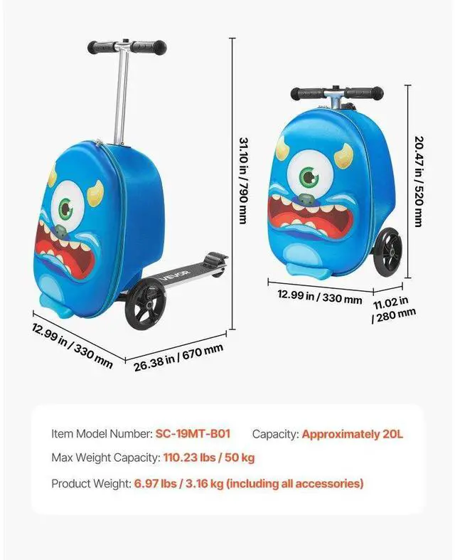 Alt view image 7 of 7 - VEVOR Ride-on Luggage 20-inch Kids Scooter Suitcase with Flash Wheels Blue