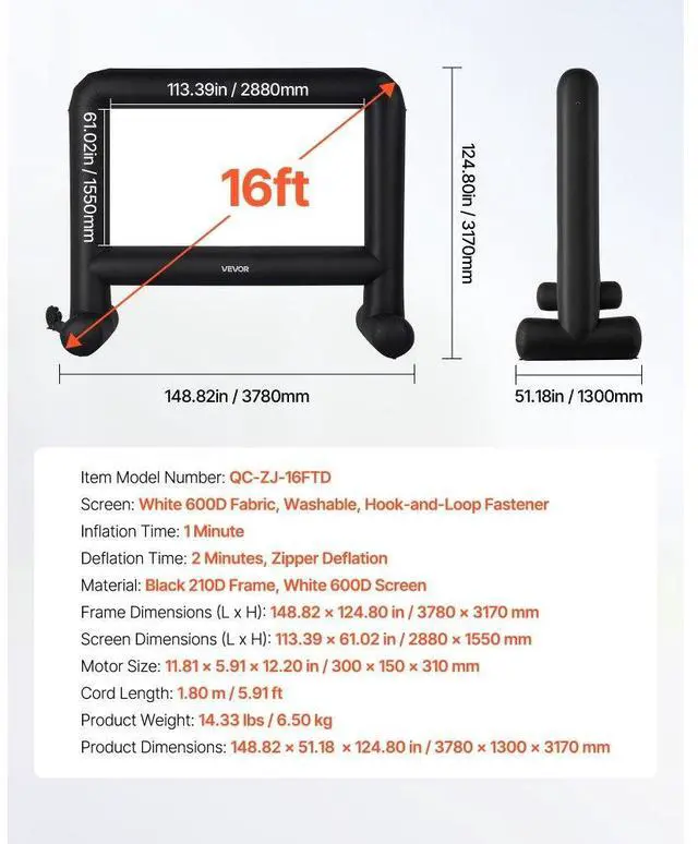 Alt view image 7 of 7 - VEVOR 16FT Inflatable Movie Screen, Inflatable Projector Screen with Portable Storage Bag, 16:9 Easy Set Up Movie Projection for Outdoor Backyard, Home Theater, Theme Party