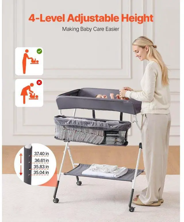 Alt view image 2 of 7 - Foldable Baby Changing Diaper Station with Side Basket & Wheels Dark Gray
