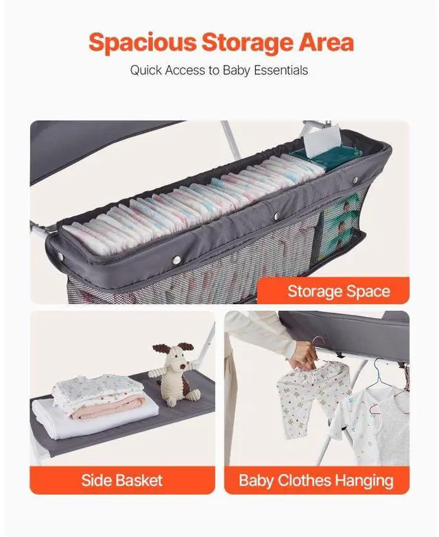 Alt view image 4 of 7 - Foldable Baby Changing Diaper Station with Side Basket & Wheels Dark Gray