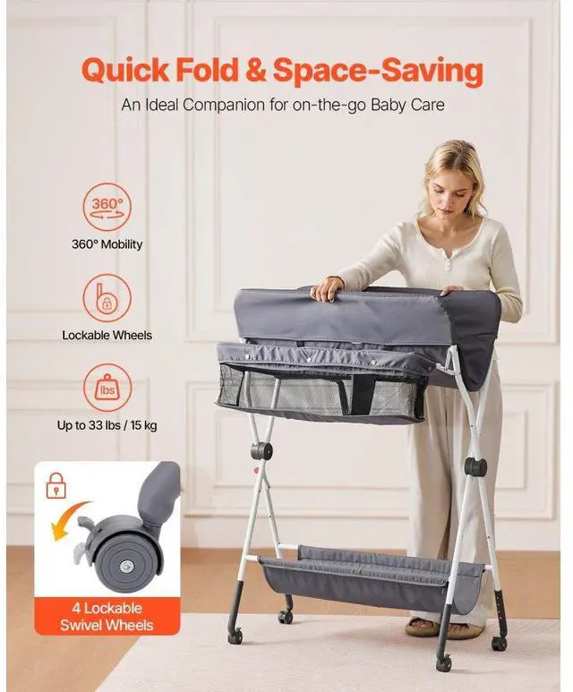 Alt view image 3 of 7 - Foldable Baby Changing Diaper Station with Side Basket & Wheels Dark Gray