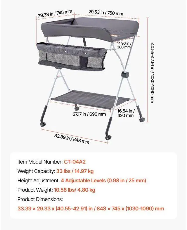 Alt view image 7 of 7 - Foldable Baby Changing Diaper Station with Side Basket & Wheels Dark Gray