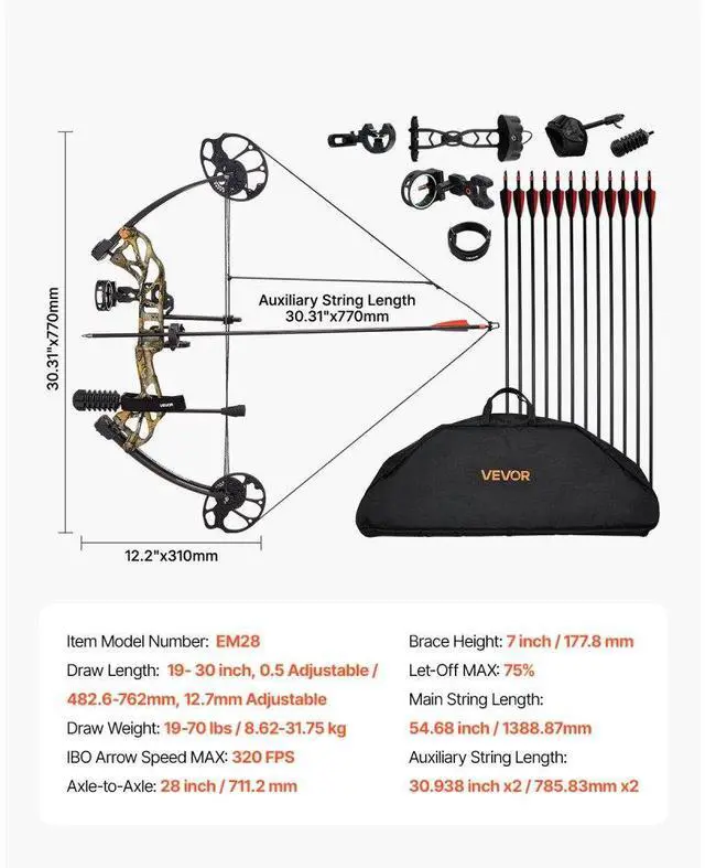 Alt view image 7 of 7 - Compound Bow Archery Right Hand Arrow Set 70 Lbs 320 fps Hunting Shooting Target