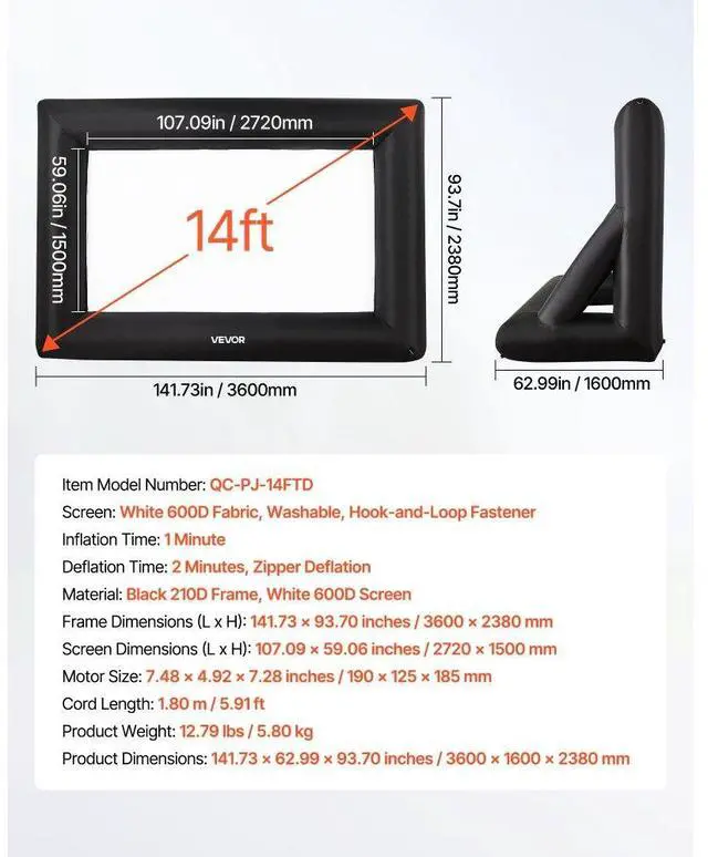 Alt view image 7 of 7 - VEVOR 14FT Inflatable Projector Screen, Inflatable Movie Screen Outdoor with 120W Air Blower Projector Screen Oxford Fabric Material Blow Up Screen for Outdoor Backyard, Home Theater, Theme Party