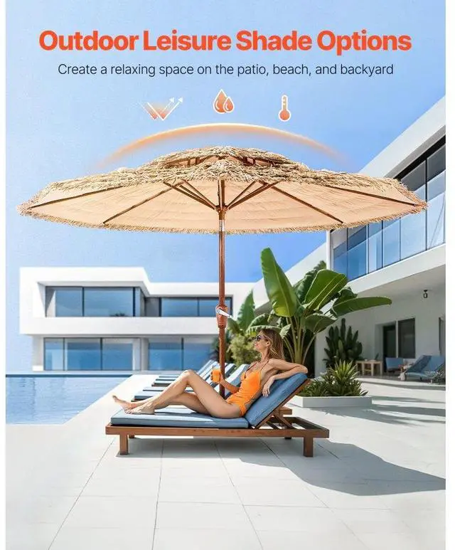 Alt view image 2 of 14 - Tiki Umbrella 2-Tier Thatched Patio Umbrella 9 ft for Pool Patio Beach