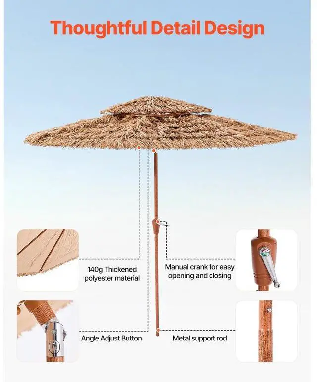 Alt view image 7 of 14 - Tiki Umbrella 2-Tier Thatched Patio Umbrella 9 ft for Pool Patio Beach