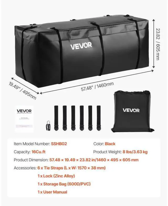 Alt view image 7 of 7 - Hitch Cargo Carrier Bag 57.48 x 19.49 x 23.82 in (16 Cubic Feet) Waterproof