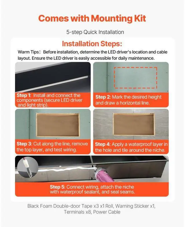 Alt view image 5 of 14 - Shower Niche 13x25x4"Recessed Shelf With LED Strip Stainless Steel