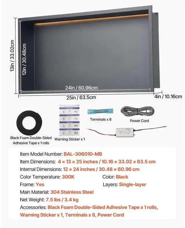 Alt view image 7 of 14 - Shower Niche 13x25x4"Recessed Shelf With LED Strip Stainless Steel