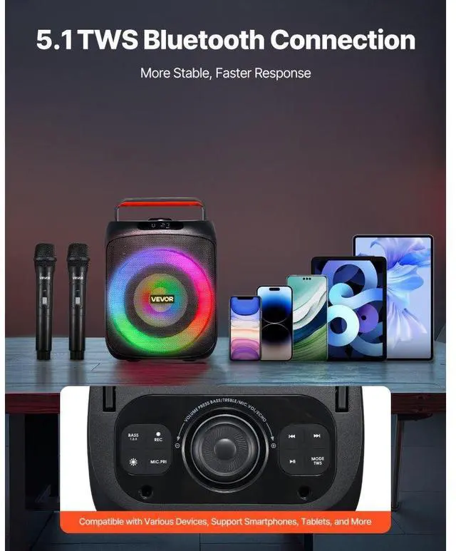 Alt view image 4 of 7 - Karaoke Machine for Adults 30W 6.5 in Portable Bluetooth Speaker 2 Wireless Mic