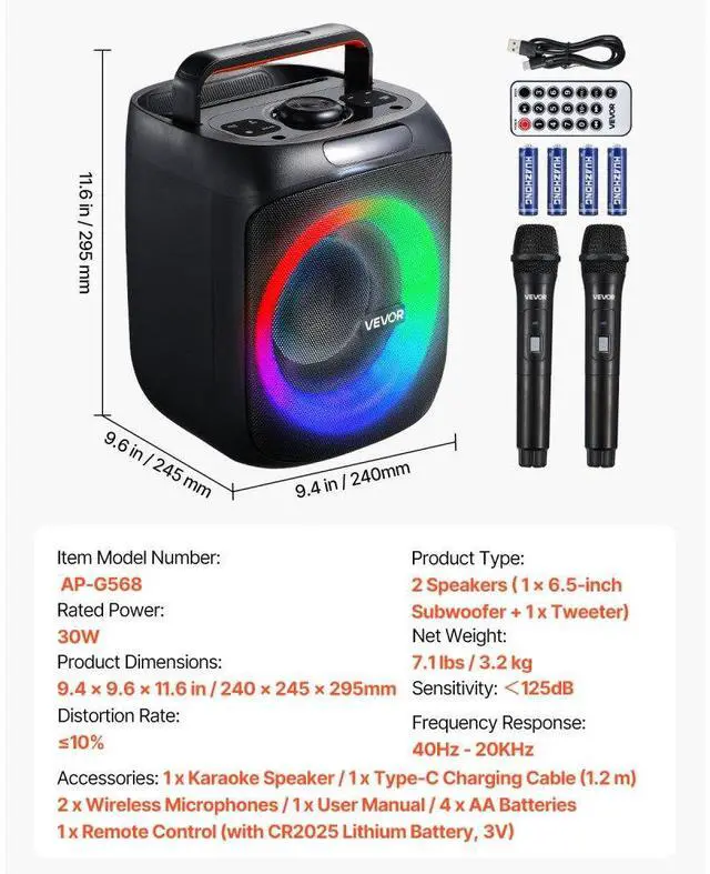 Alt view image 7 of 7 - Karaoke Machine for Adults 30W 6.5 in Portable Bluetooth Speaker 2 Wireless Mic