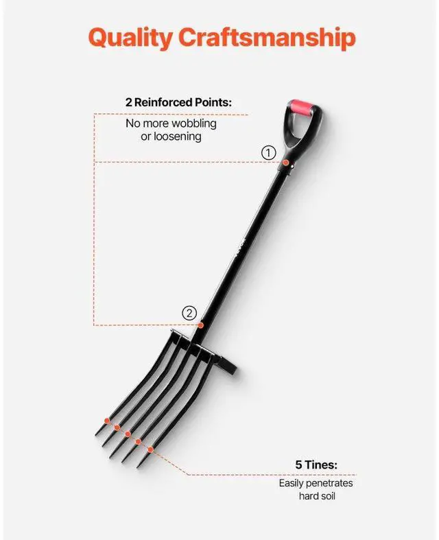 Alt view image 5 of 7 - 5 Tines Garden Fork Tool Metal Handle 41 in Spading Pitchfork Y Grip Heavy Duty