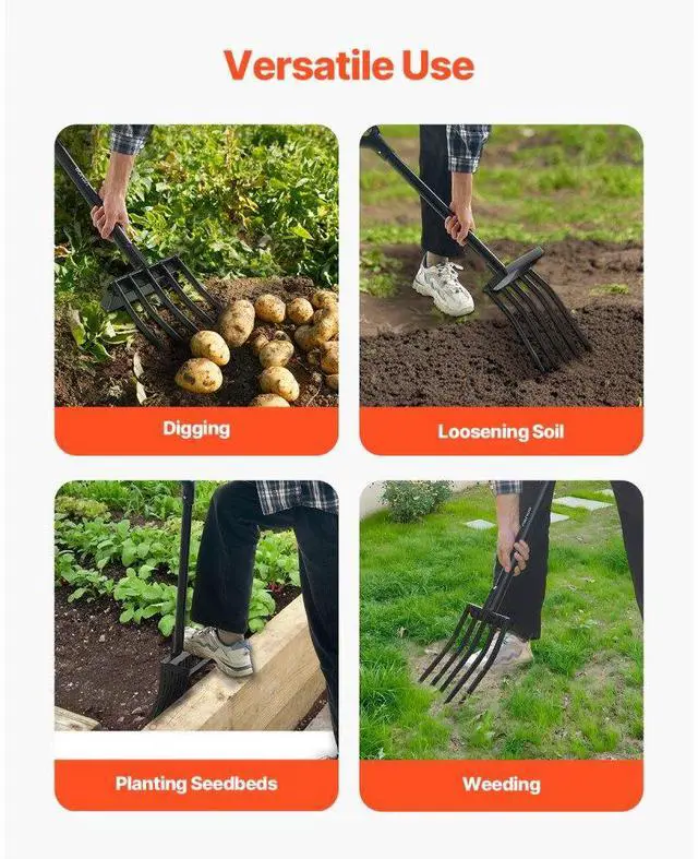 Alt view image 6 of 7 - 5 Tines Garden Fork Tool Metal Handle 41 in Spading Pitchfork Y Grip Heavy Duty