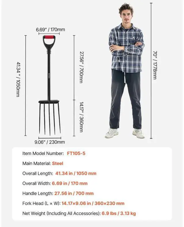 Alt view image 7 of 7 - 5 Tines Garden Fork Tool Metal Handle 41 in Spading Pitchfork Y Grip Heavy Duty