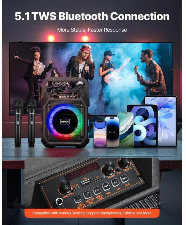 Alt view image 4 of 14 - Karaoke Machine for Adults 6.5 in Portable Bluetooth Speaker with 2 Wireless Mic