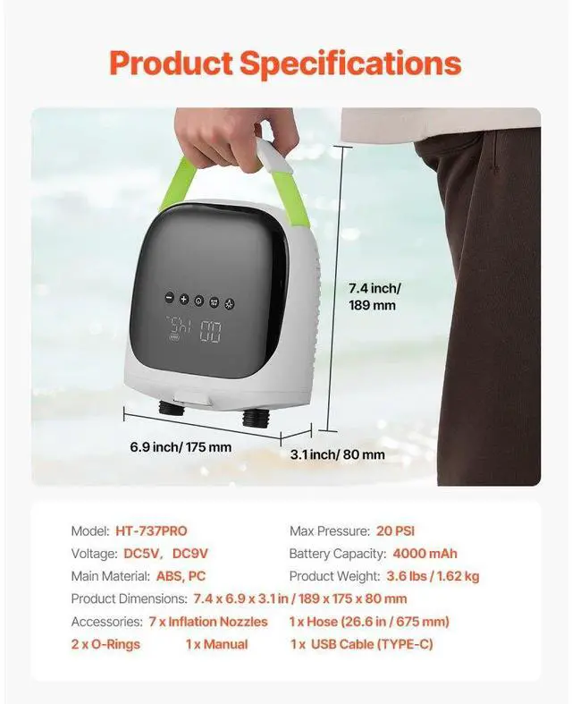 Alt view image 7 of 7 - Paddle Board Pump Rechargeable Battery-Powered 20PSI Electric SUP Air Pump