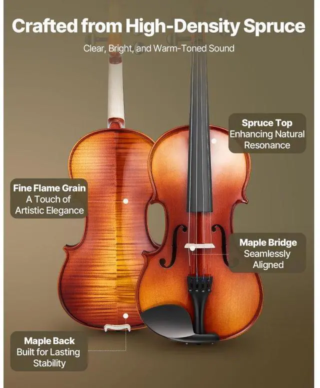 Alt view image 2 of 7 - Violin 4/4 Size Fiddle Set Solidwood for Beginners Glossy Brown Patterned