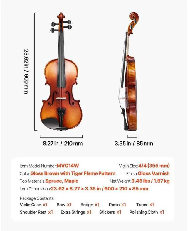 Alt view image 7 of 7 - Violin 4/4 Size Fiddle Set Solidwood for Beginners Glossy Brown Patterned
