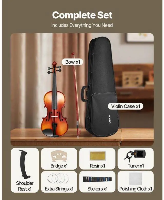 Alt view image 6 of 7 - Violin 4/4 Size Fiddle Set Solidwood for Beginners Glossy Brown Patterned