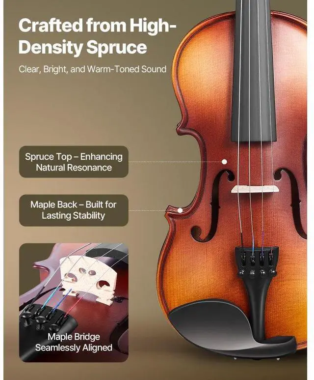 Alt view image 2 of 7 - Violin 1/2 Size Fiddle Set Solidwood for Beginners with Case Rosin Brown