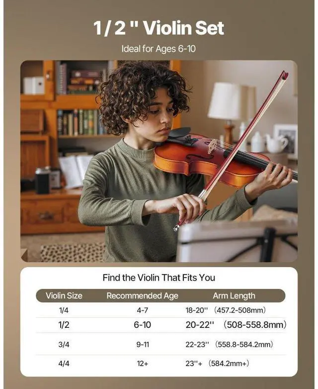 Alt view image 4 of 7 - Violin 1/2 Size Fiddle Set Solidwood for Beginners with Case Rosin Brown