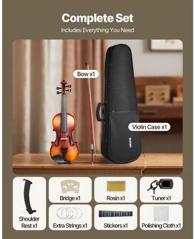 Alt view image 6 of 7 - Violin 1/2 Size Fiddle Set Solidwood for Beginners with Case Rosin Brown
