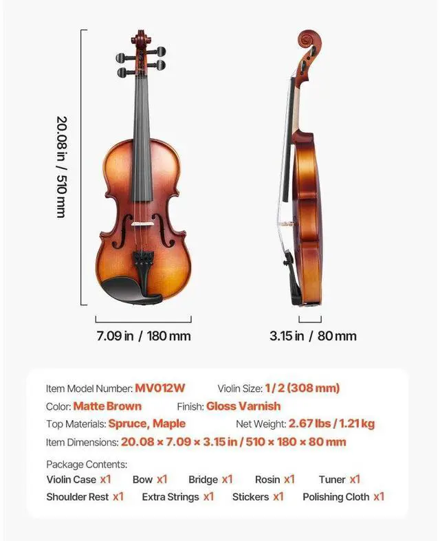 Alt view image 7 of 7 - Violin 1/2 Size Fiddle Set Solidwood for Beginners with Case Rosin Brown