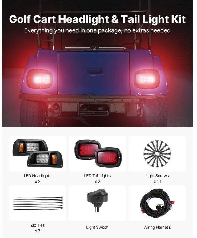Alt view image 6 of 7 - 12 Volt Golf Cart LED Headlight Tail Light Kit For EZGO TXT 1996-2013 Models