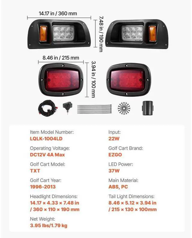 Alt view image 7 of 7 - 12 Volt Golf Cart LED Headlight Tail Light Kit For EZGO TXT 1996-2013 Models
