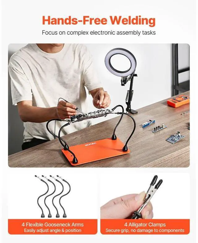 Alt view image 4 of 7 - Magnetic Helping Hands Soldering Station 3X LED Magnifying Lamp 4 Arms