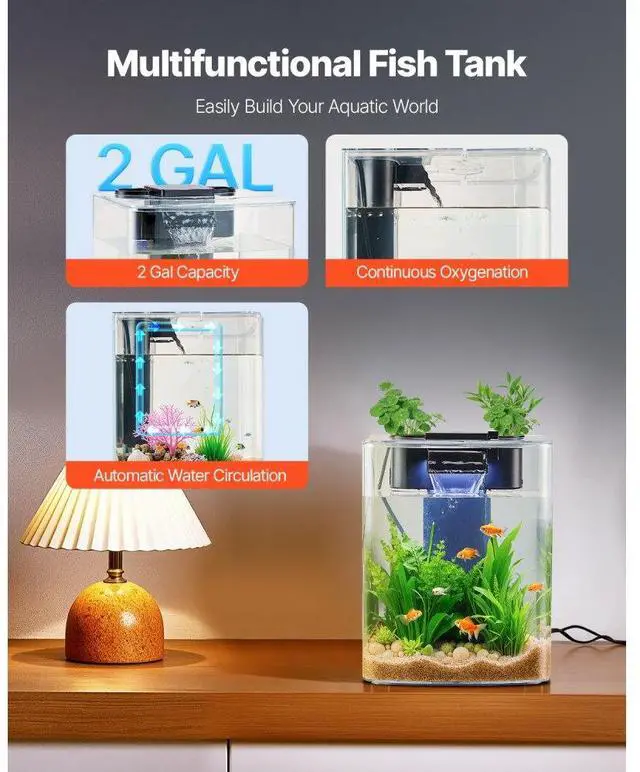 Alt view image 2 of 7 - 2 Gallon Fish Tank Aquarium Smart Arch Clear GPPS 3 Color Self Cleaning