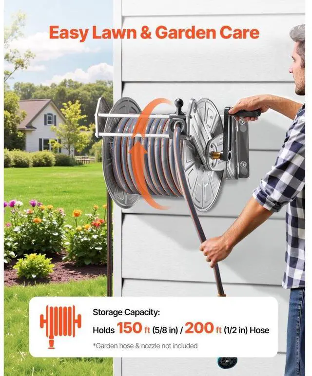 Alt view image 2 of 7 - Wall Mounted Garden Hose Reel 150ft 5/8 in Hose Winder Brass Fitting Hose Guide