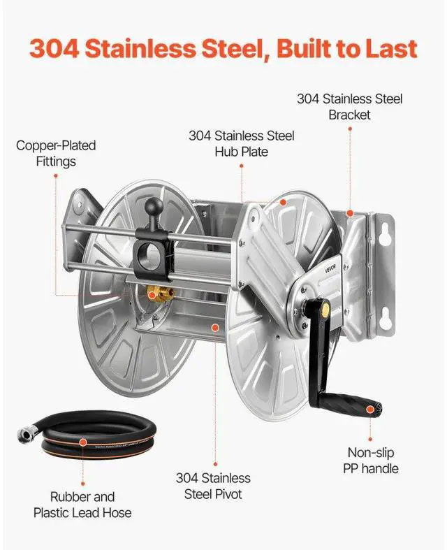 Alt view image 3 of 7 - Wall Mounted Garden Hose Reel 150ft 5/8 in Hose Winder Brass Fitting Hose Guide