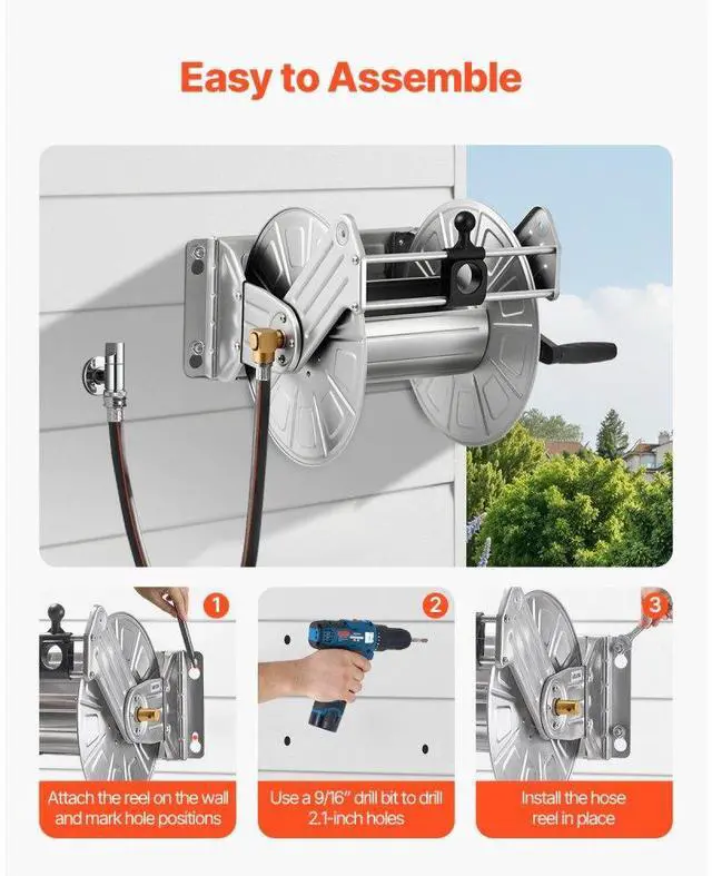 Alt view image 6 of 7 - Wall Mounted Garden Hose Reel 150ft 5/8 in Hose Winder Brass Fitting Hose Guide