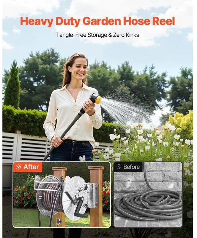 Alt view image 5 of 7 - Wall Mounted Garden Hose Reel 150ft 5/8 in Hose Winder Brass Fitting Hose Guide