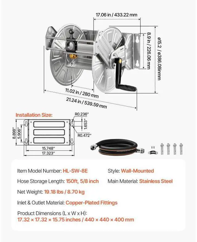 Alt view image 7 of 7 - Wall Mounted Garden Hose Reel 150ft 5/8 in Hose Winder Brass Fitting Hose Guide