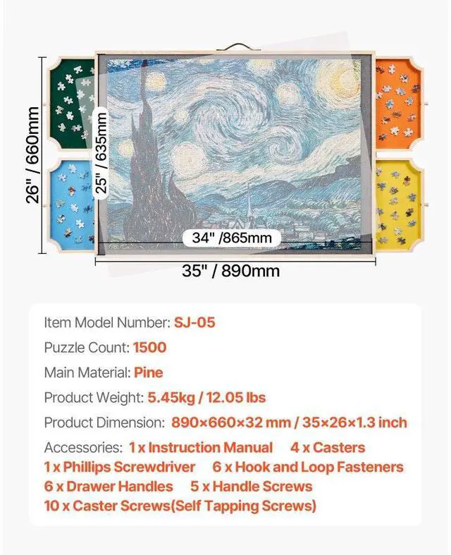 Alt view image 7 of 7 - 1500 Piece Puzzle Board with Drawer Cover Portable Wooden Jigsaw 34x25 in