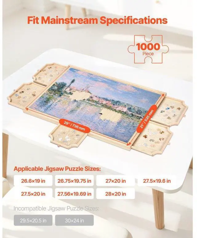 Alt view image 2 of 7 - 1000 Piece Puzzle Board with Drawer Cover Portable Wooden Jigsaw 29x21 in