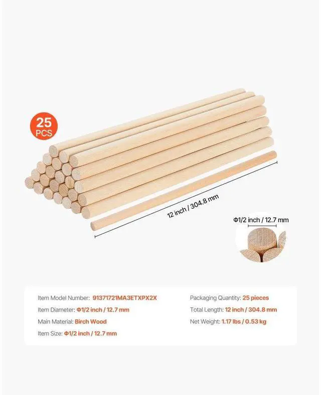 Alt view image 7 of 7 - 25Pcs Wooden Dowel Rods 1/2 x 12 Inch Natural Wood Sticks for Craft DIY