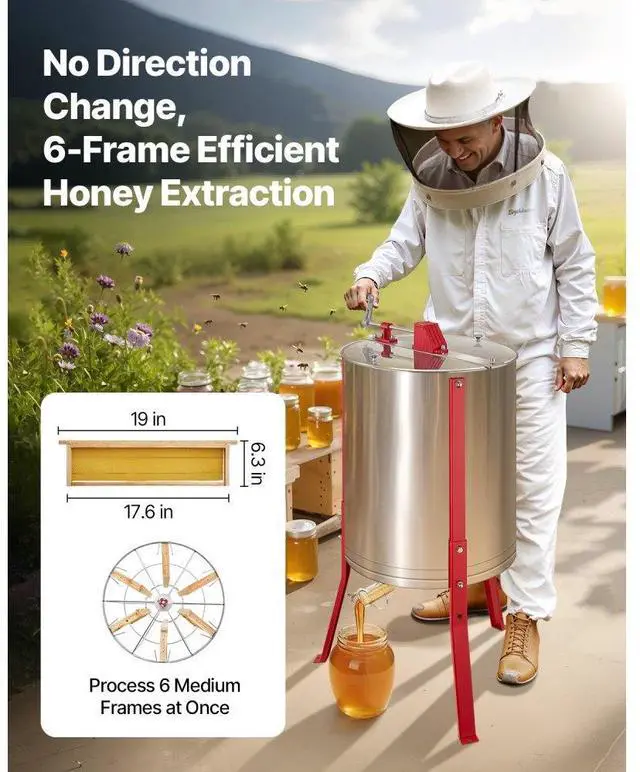 Alt view image 2 of 7 - Manual Honey Extractor 6 Frame Beekeeping Honeycomb Spinner Stainless Steel
