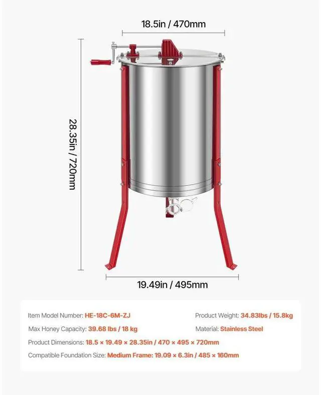 Alt view image 7 of 7 - Manual Honey Extractor 6 Frame Beekeeping Honeycomb Spinner Stainless Steel