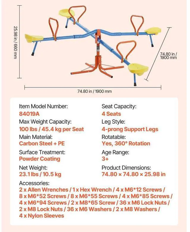 Alt view image 7 of 7 - VEVOR 2-4 Kids Seesaw 110 lbs Capacity 360 Degrees Rotating Teeter Totter Age 3+