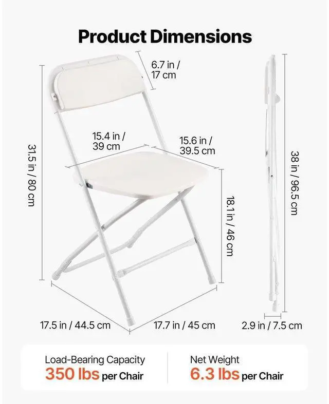 Alt view image 3 of 7 - VEVOR 6 Pack Folding Chairs, Foldable Plastic Chairs with Heavy Duty Metal Frame, Portable Folding Card Table Chairs, Stackable Indoor Outdoor Seats for Home, Yard, Garden, Parties, Events, White