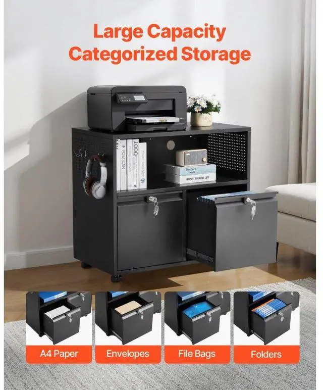 Alt view image 4 of 7 - VEVOR 2 Drawers Metal File Cabinet, Lateral Filing Cabinet with Lock and Adjustable Hanging Rods, Wide Filing Storage Cabinets for Home and Office Fit Letter, A4, Legal Size File, Easy Assembly, Black