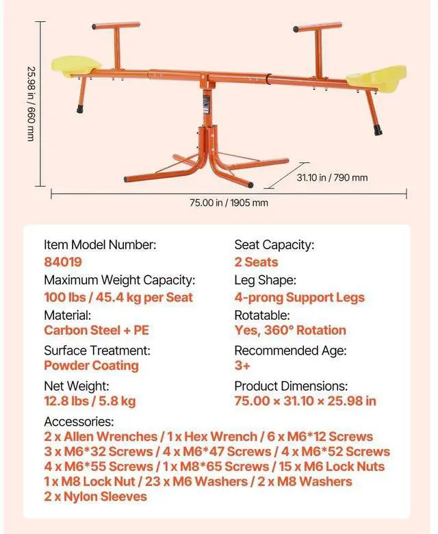 Alt view image 7 of 7 - VEVOR Kids Seesaw 100 lbs Capacity Swiveling 360 Degrees Rotating Teeter Totter