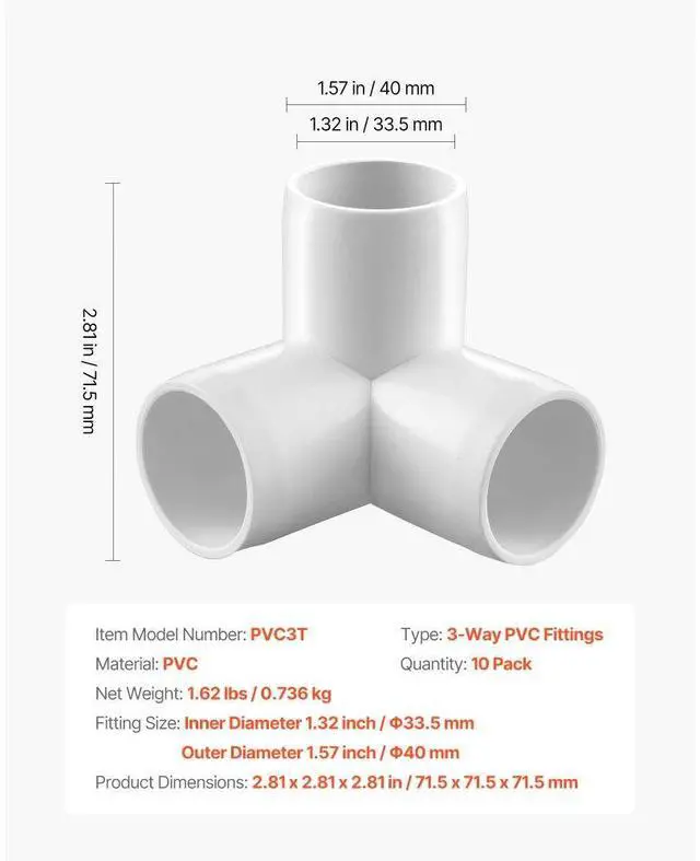 Alt view image 7 of 7 - VEVOR 3-Way PVC Fittings 10-Pack PVC Pipe Joints Elbow Connector for 1" PVC Pipe