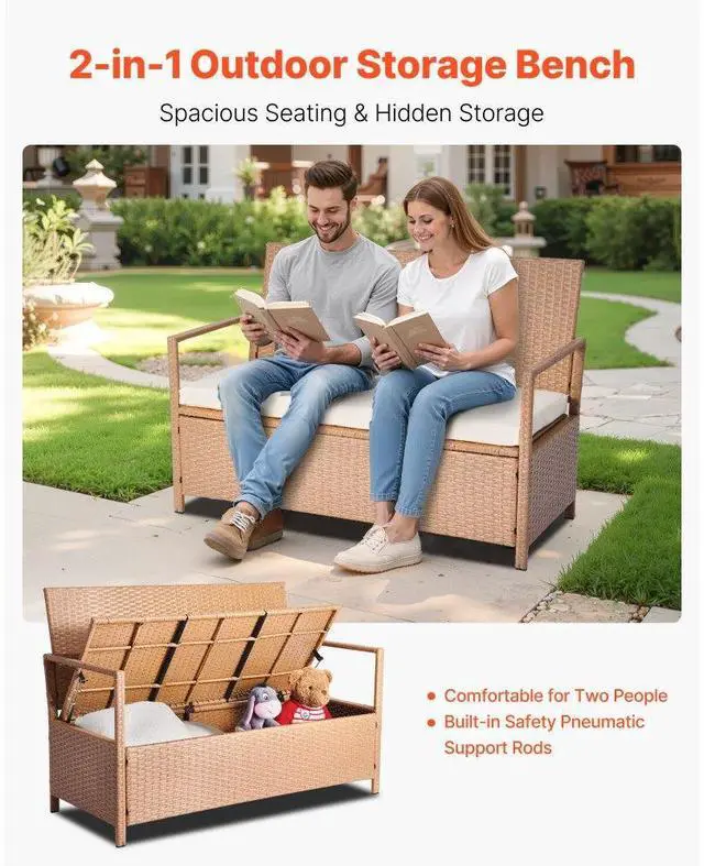 Alt view image 2 of 14 - Outdoor Storage Bench PE Rattan 70Gal Deck Box Waterproof Outdoor Seat & Storage