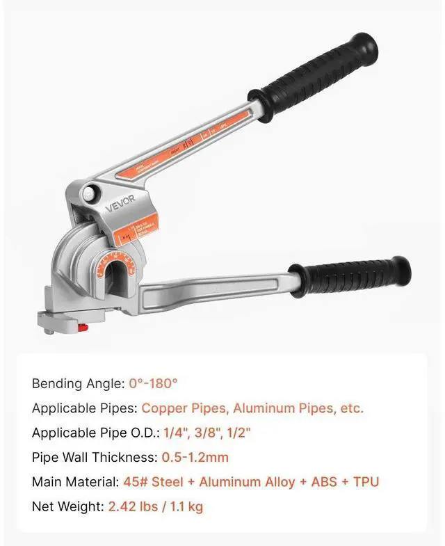 Alt view image 7 of 7 - VEVOR 3 in 1 Lever Pipe Tube Bender for 1/4", 3/8", 1/2" O.D. 0-180° Bending