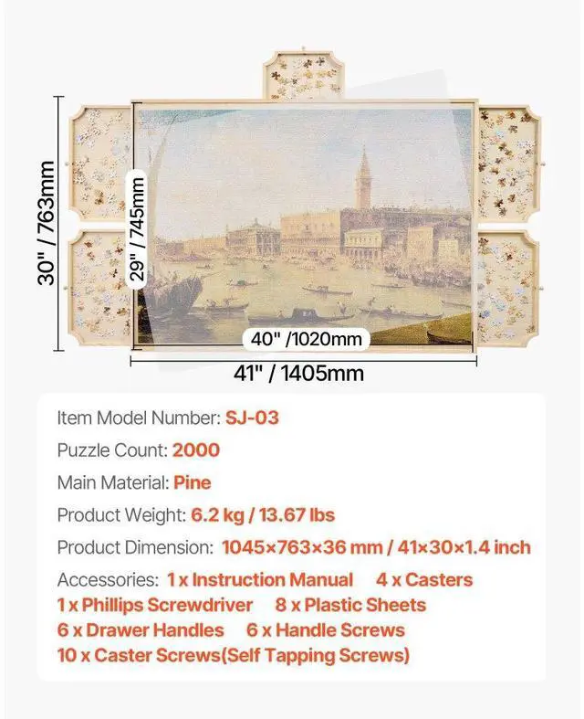Alt view image 7 of 7 - 2000 Piece Puzzle Board with Drawer Cover Portable Wooden Jigsaw 40x29 in
